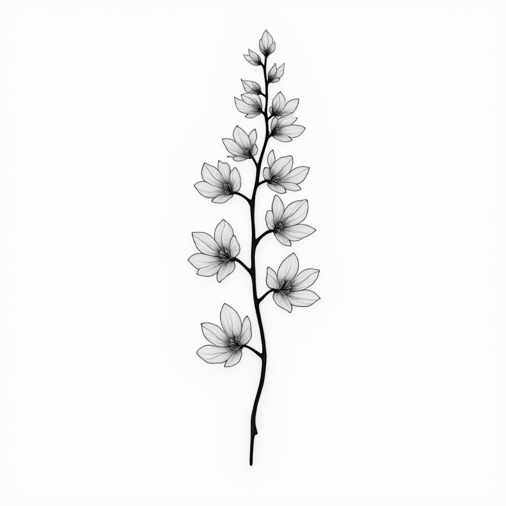 Wisteria plantin Modest style tattoo, featuring soft, delicate line work with simple and meaningful symbols, gentle waves, a heart, evoking a sense of serenity and grace, - Variation 1