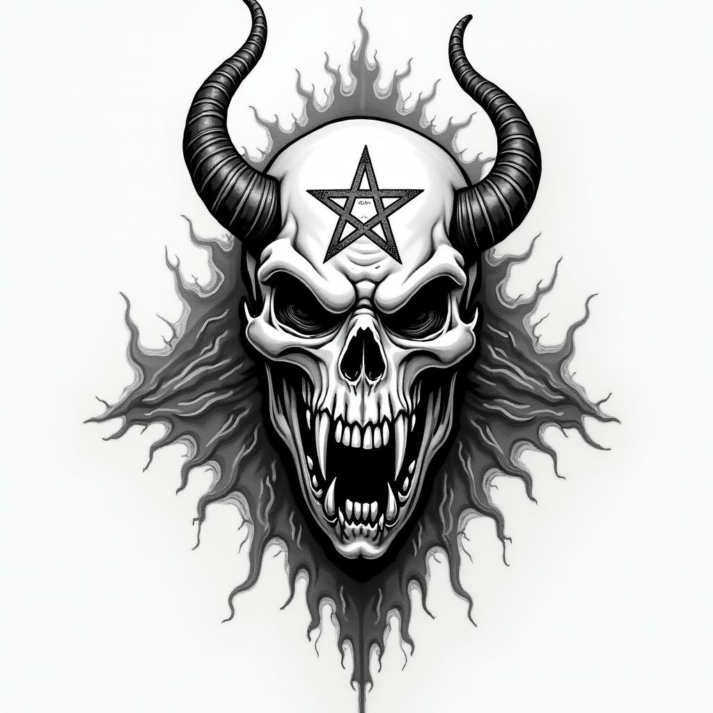 Ninja Turtles Shreddercreepy horror tattoo style, featuring an eerie and unsettling skull of a demonic creature, distorted face with sharp fangs, add pentagram symbol - Variation 3