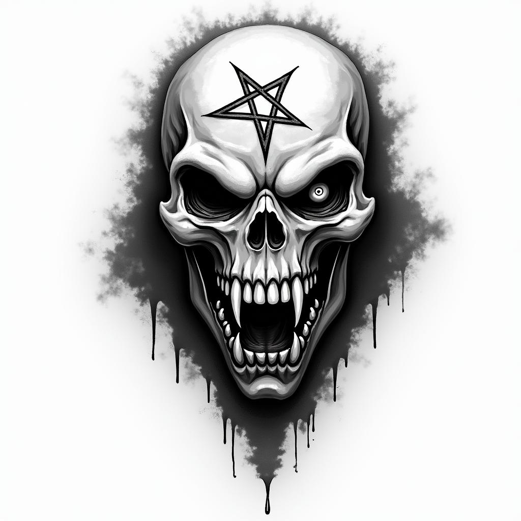 Ninja Turtles Shreddercreepy horror tattoo style, featuring an eerie and unsettling skull of a demonic creature, distorted face with sharp fangs, add pentagram symbol - Variation 1