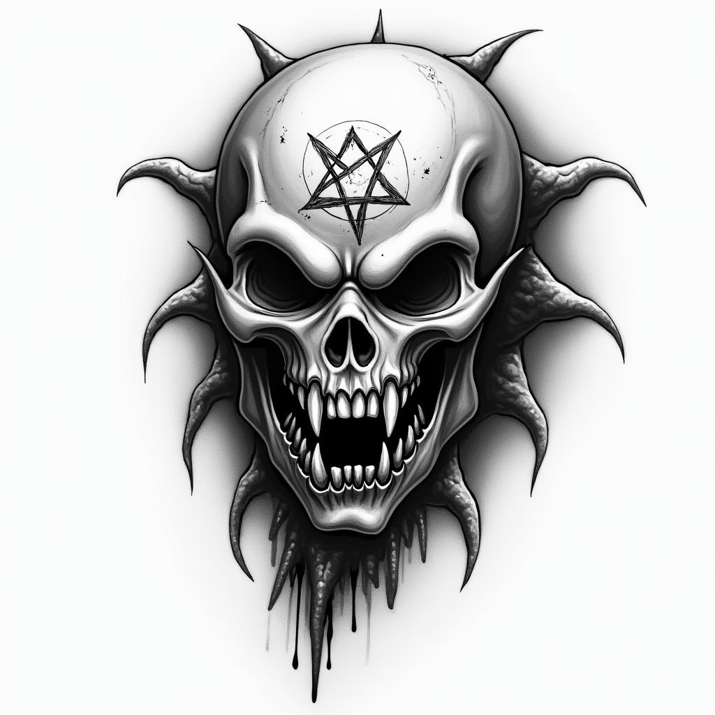 Ninja Turtles Shreddercreepy horror tattoo style, featuring an eerie and unsettling skull of a demonic creature, distorted face with sharp fangs, add pentagram symbol - Variation 2