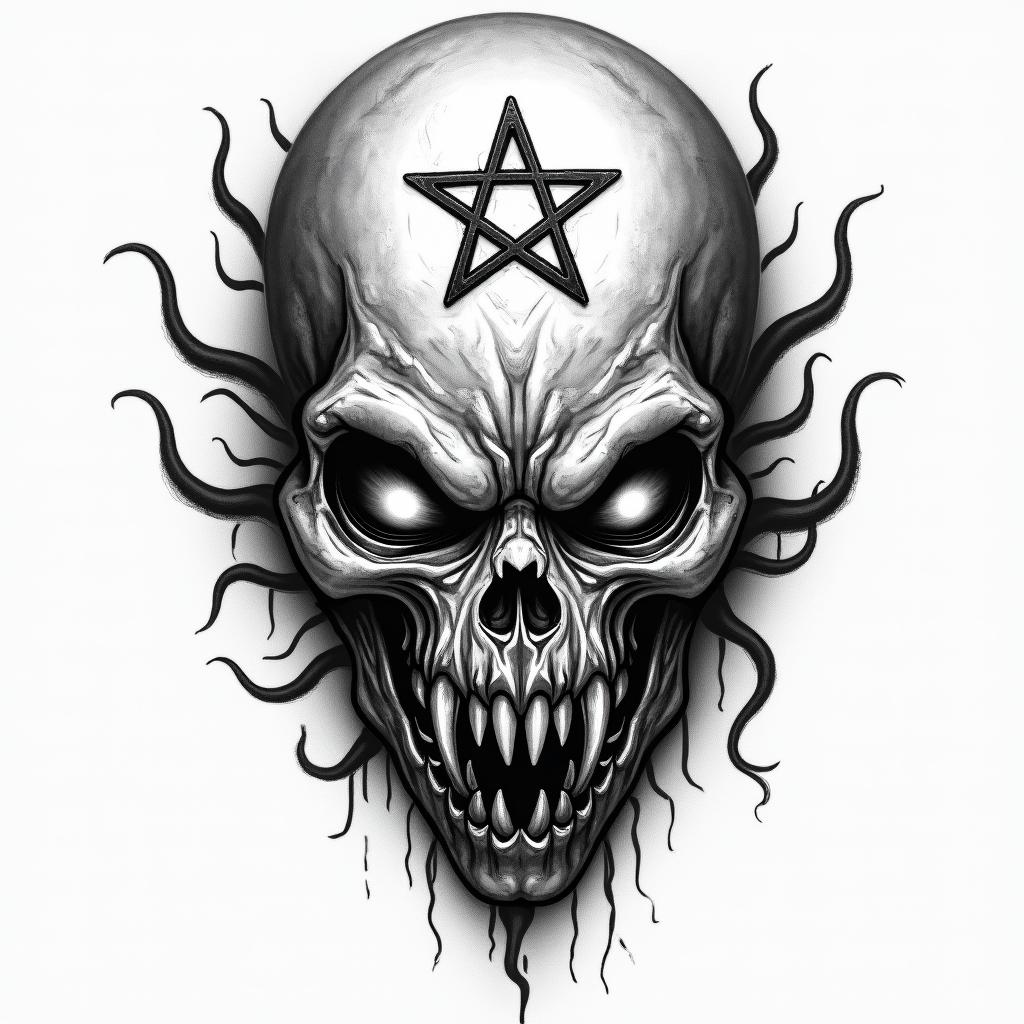 Ninja Turtles Shreddercreepy horror tattoo style, featuring an eerie and unsettling skull of a demonic creature, distorted face with sharp fangs, add pentagram symbol - Variation 4
