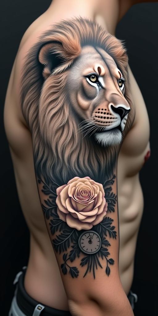 Lion looking to the side with a clock and rosein realism tattoo style, featuring a highly detailed, lifelike, capturing every detail, photorealistic, ultra realistic, intricate shading, smooth and sharp, - Variation 3