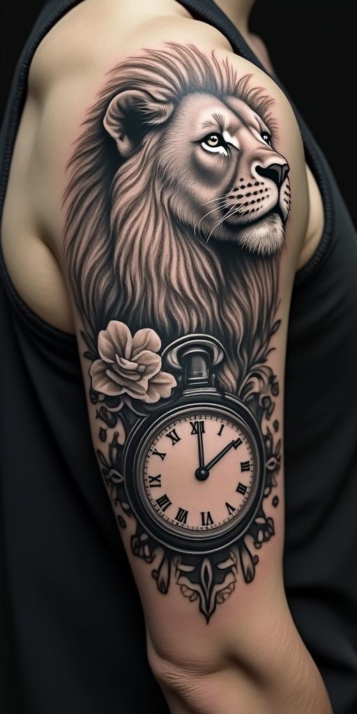 Lion looking to the side with a clock and rosein realism tattoo style, featuring a highly detailed, lifelike, capturing every detail, photorealistic, ultra realistic, intricate shading, smooth and sharp, - Variation 4