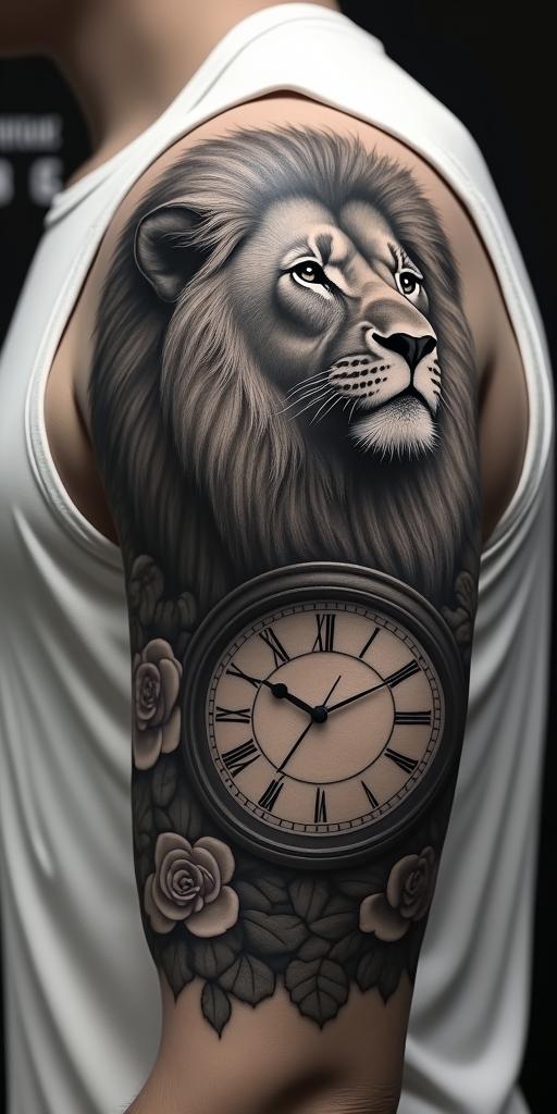 Lion looking to the side with a clock and rosein realism tattoo style, featuring a highly detailed, lifelike, capturing every detail, photorealistic, ultra realistic, intricate shading, smooth and sharp, - Variation 2