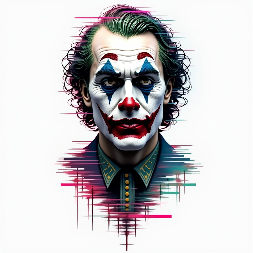 Jokerin distorted and fragmented tattoo design, featuring a classical statue bust, in a glitch art style with vibrant, overlapping colors of cyan, magenta, and yellow, creating a digital distortion effect