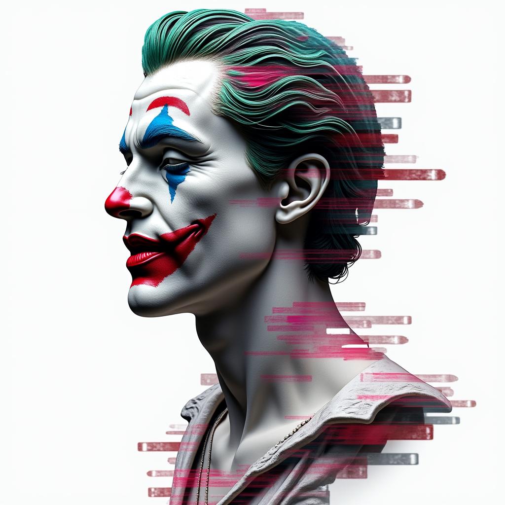 Jokerin distorted and fragmented tattoo design, featuring a classical statue bust, in a glitch art style with vibrant, overlapping colors of cyan, magenta, and yellow, creating a digital distortion effect - Variation 2