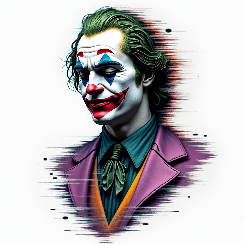 Jokerin distorted and fragmented tattoo design, featuring a classical statue bust, in a glitch art style with vibrant, overlapping colors of cyan, magenta, and yellow, creating a digital distortion effect - Variation 4