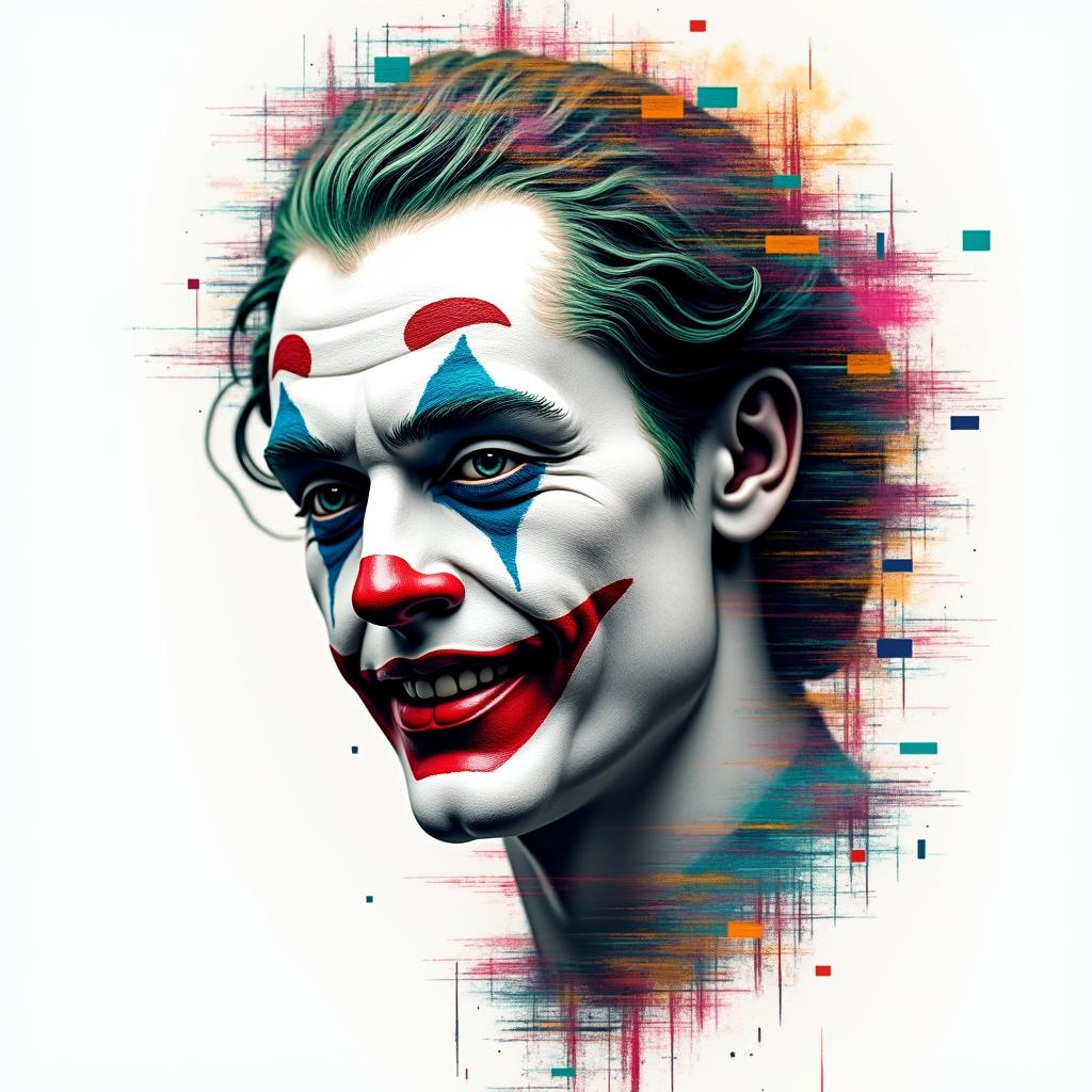 Jokerin distorted and fragmented tattoo design, featuring a classical statue bust, in a glitch art style with vibrant, overlapping colors of cyan, magenta, and yellow, creating a digital distortion effect - Variation 3