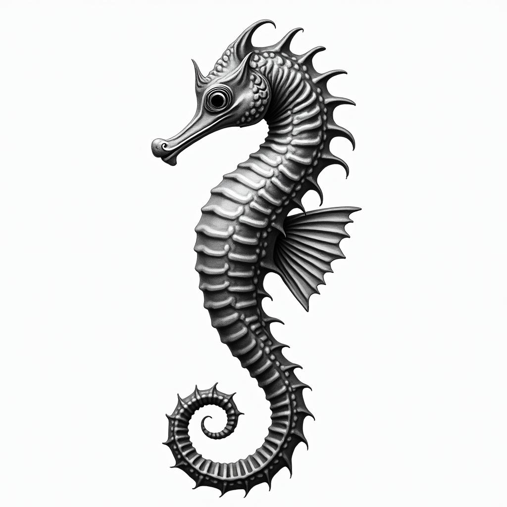 Seahorsein portrait tattoo style, featuring a highly realistic and detailed depiction 