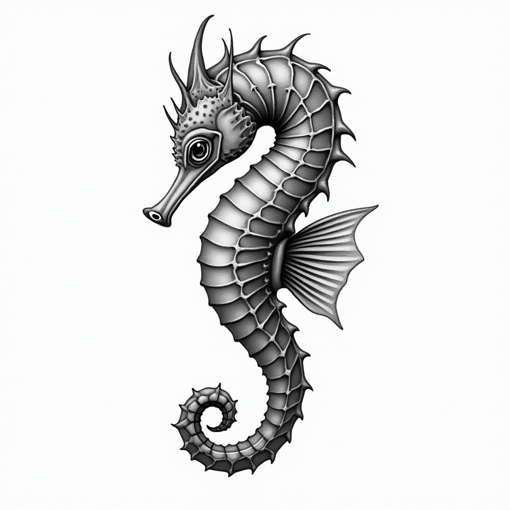 Seahorsein portrait tattoo style, featuring a highly realistic and detailed depiction  - Variation 4