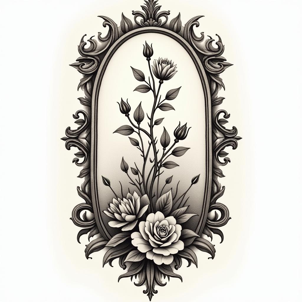 Vines, flowers,treesin victorian style tattoo, featuring vintage and elegant elements, ornate frames, roses, antique, sepia-toned color scheme