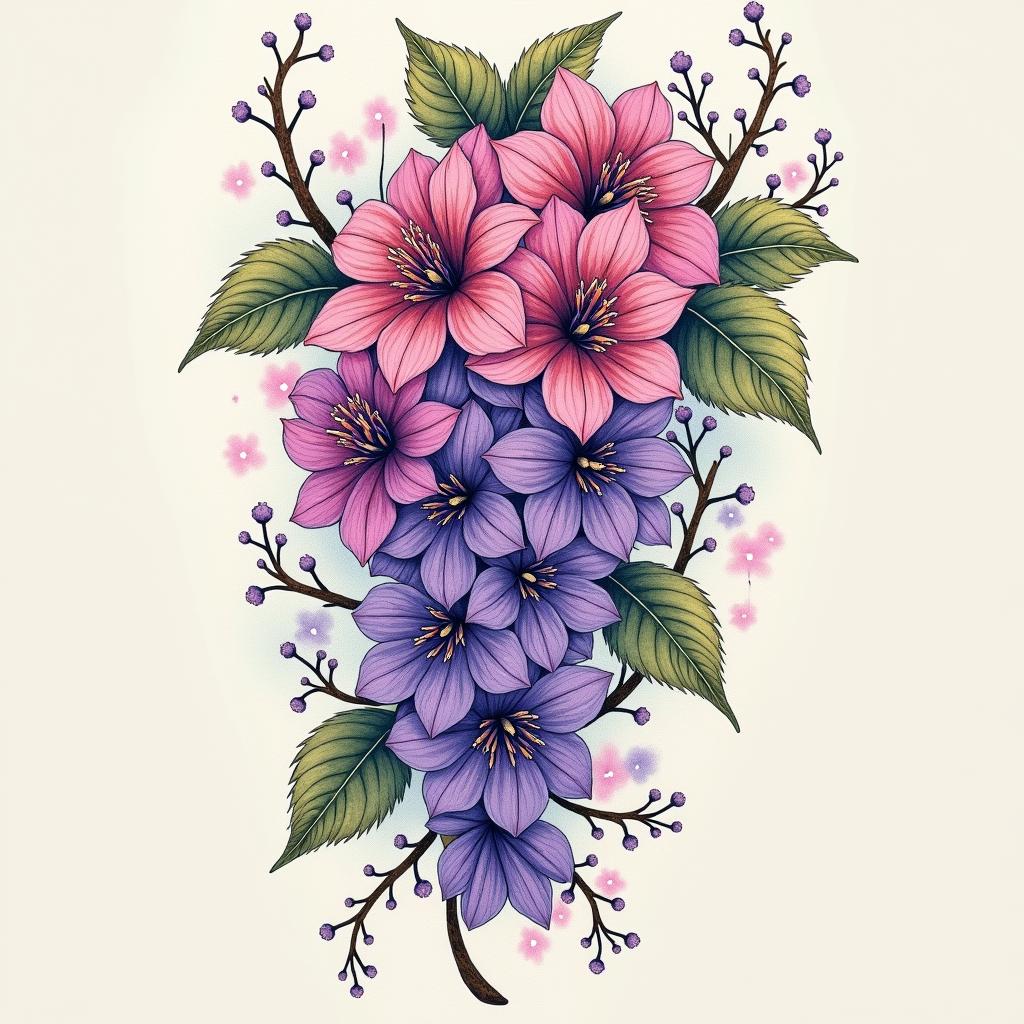 A colorful tattoo design featuring vibrant wisteria flowers, intertwining vines, and delicate leaves, showcasing the beauty of nature in ink.undefined