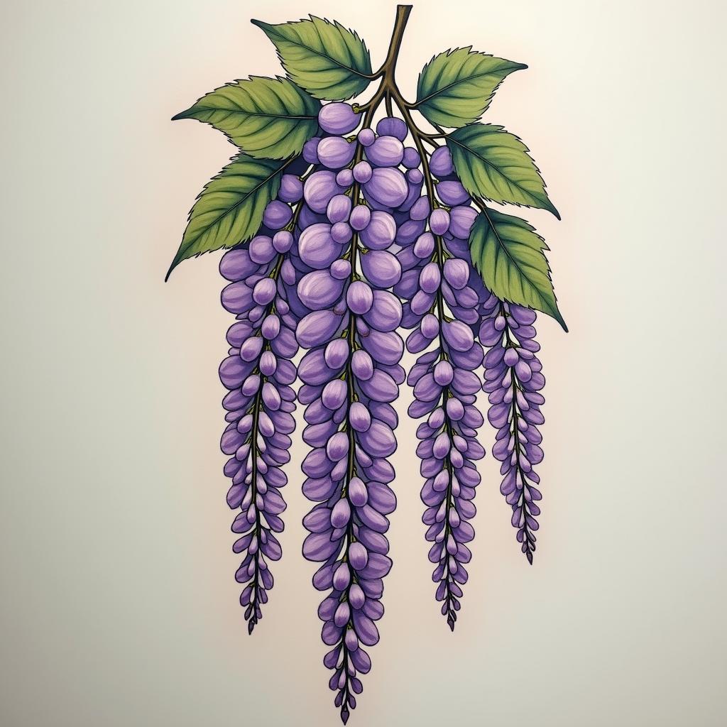 A detailed tattoo of a wisteria plant in full bloom, with shades of purple and green, highlighting the elegance and grace of these flowers.undefined