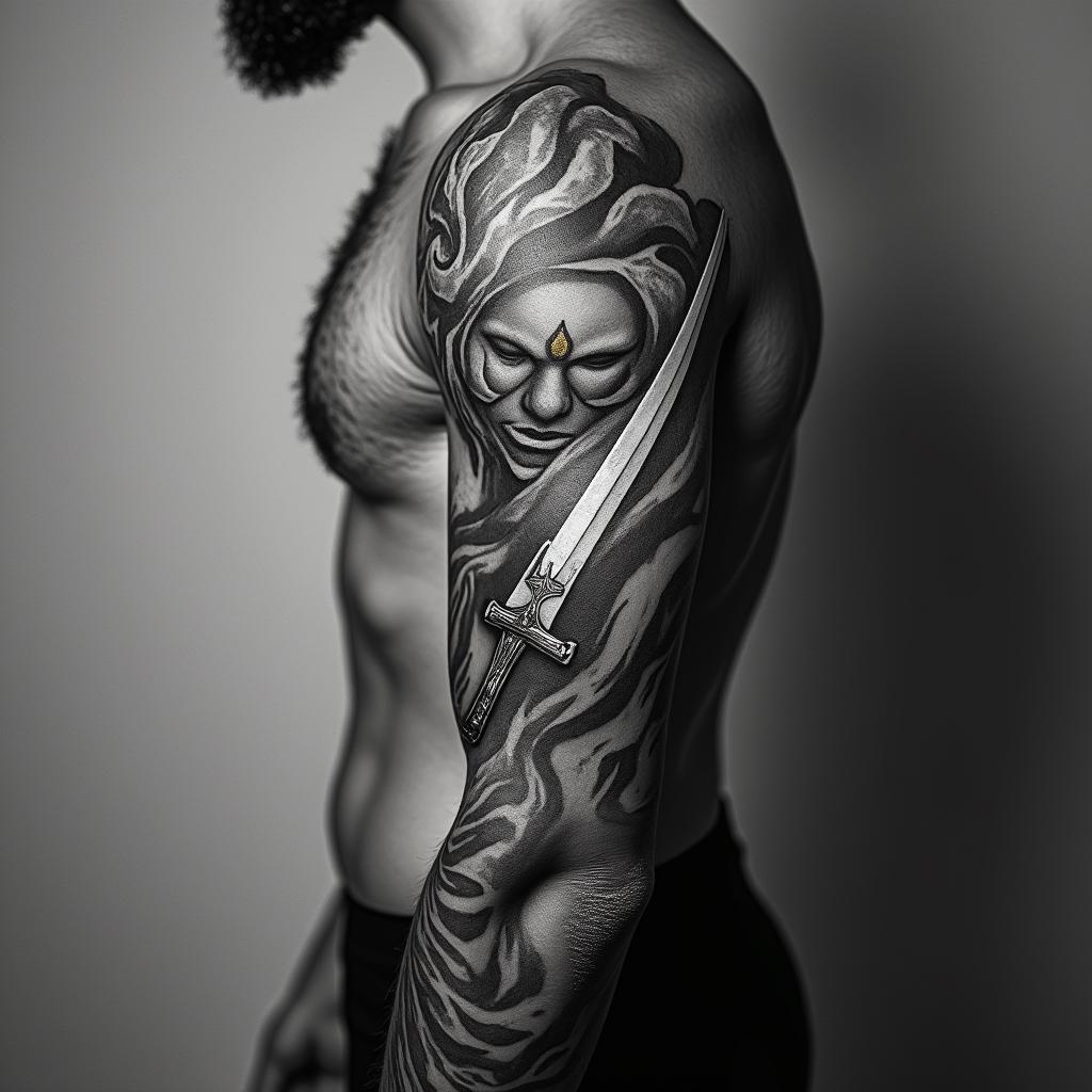 Hero with swordin portrait tattoo style, featuring a highly realistic and detailed depiction  - Variation 4