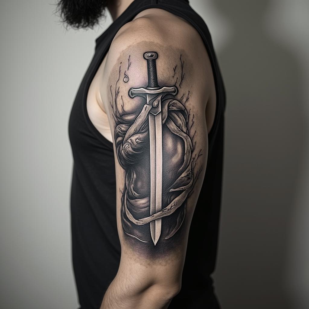 Hero with swordin portrait tattoo style, featuring a highly realistic and detailed depiction  - Variation 2