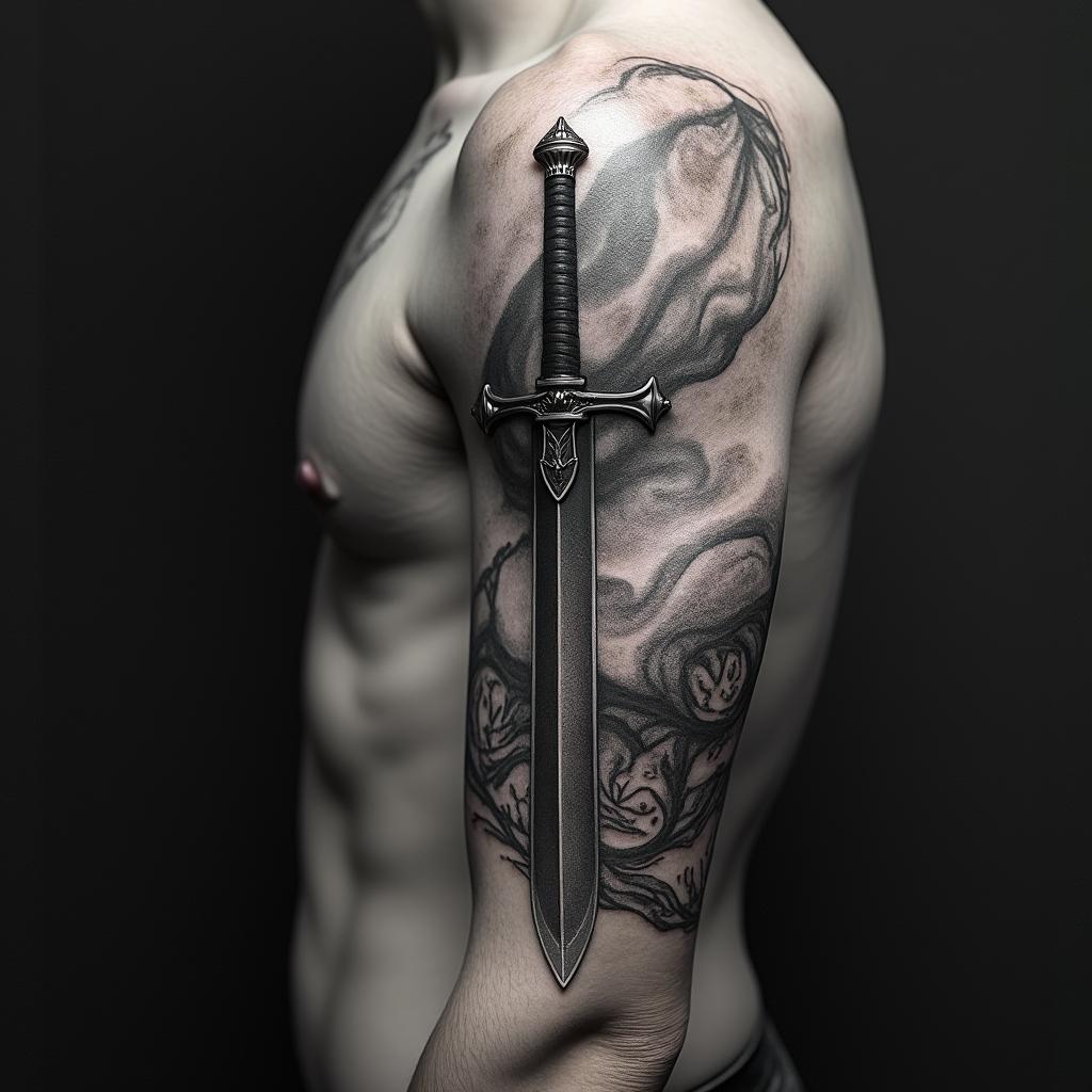 Hero with swordin portrait tattoo style, featuring a highly realistic and detailed depiction