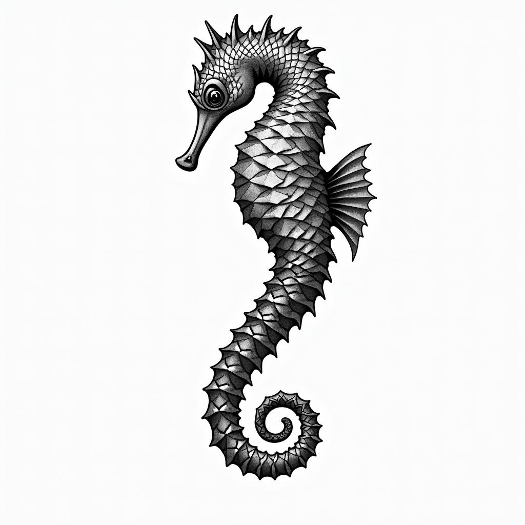 Seahorse in geometric style tattoo, blending hexagons, mandala-inspired patterns, symmetrical and fractal design, clean lines, sharp angles
