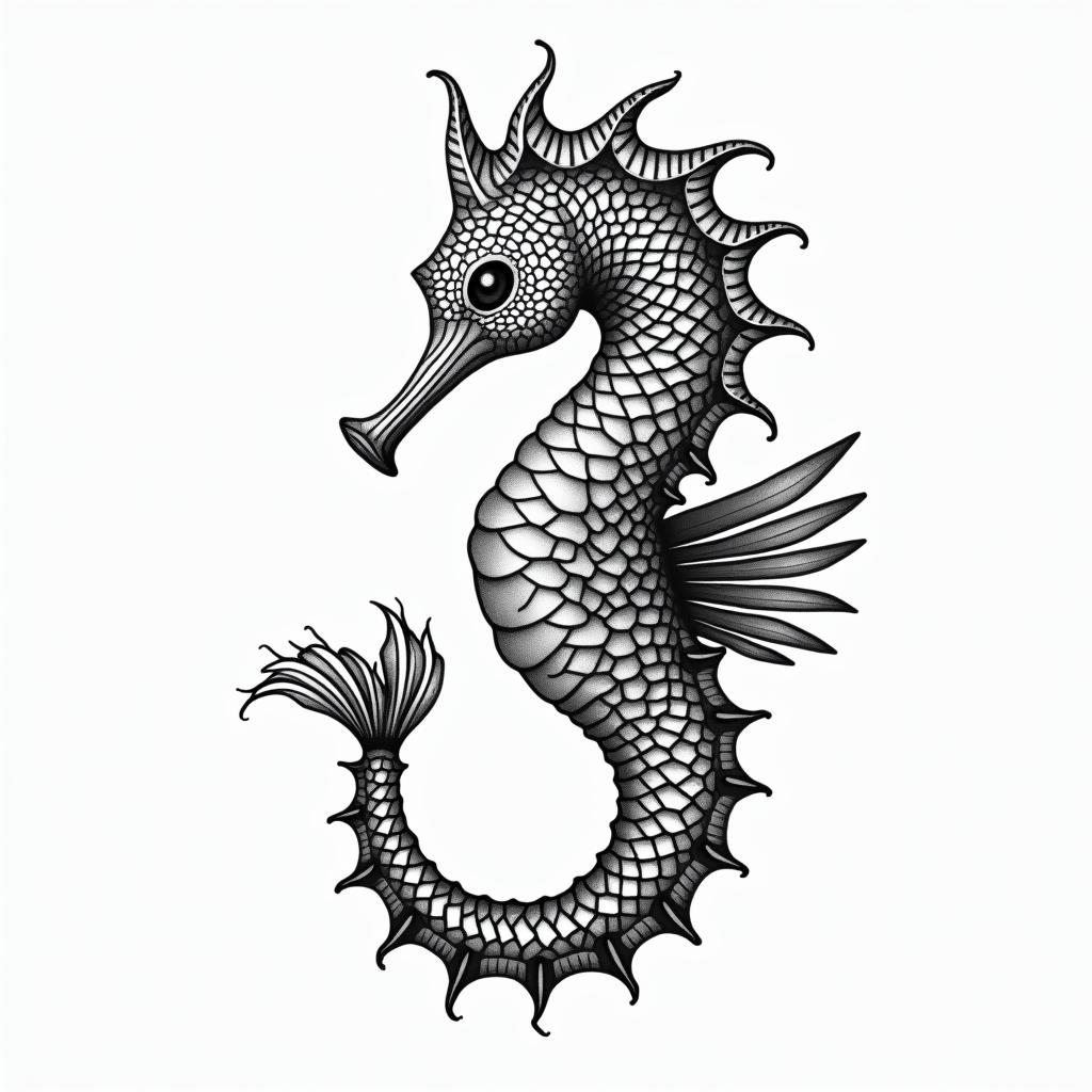 Seahorse in geometric style tattoo, blending hexagons, mandala-inspired patterns, symmetrical and fractal design, clean lines, sharp angles - Variation 4