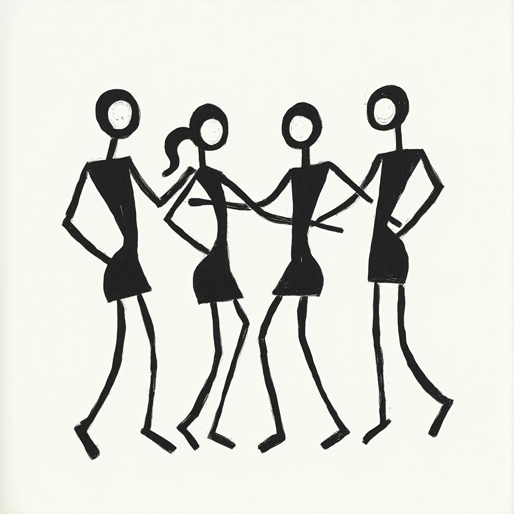 North Grandpa Role Model Family Cohesion Greek Greece 1968 Examili 1998 Sofiaabstract dancing figures in Keith Haring style, featuring bold black outlines and solid color fills, figures posed in dynamic and playful dance movements, minimalist design - Variation 2