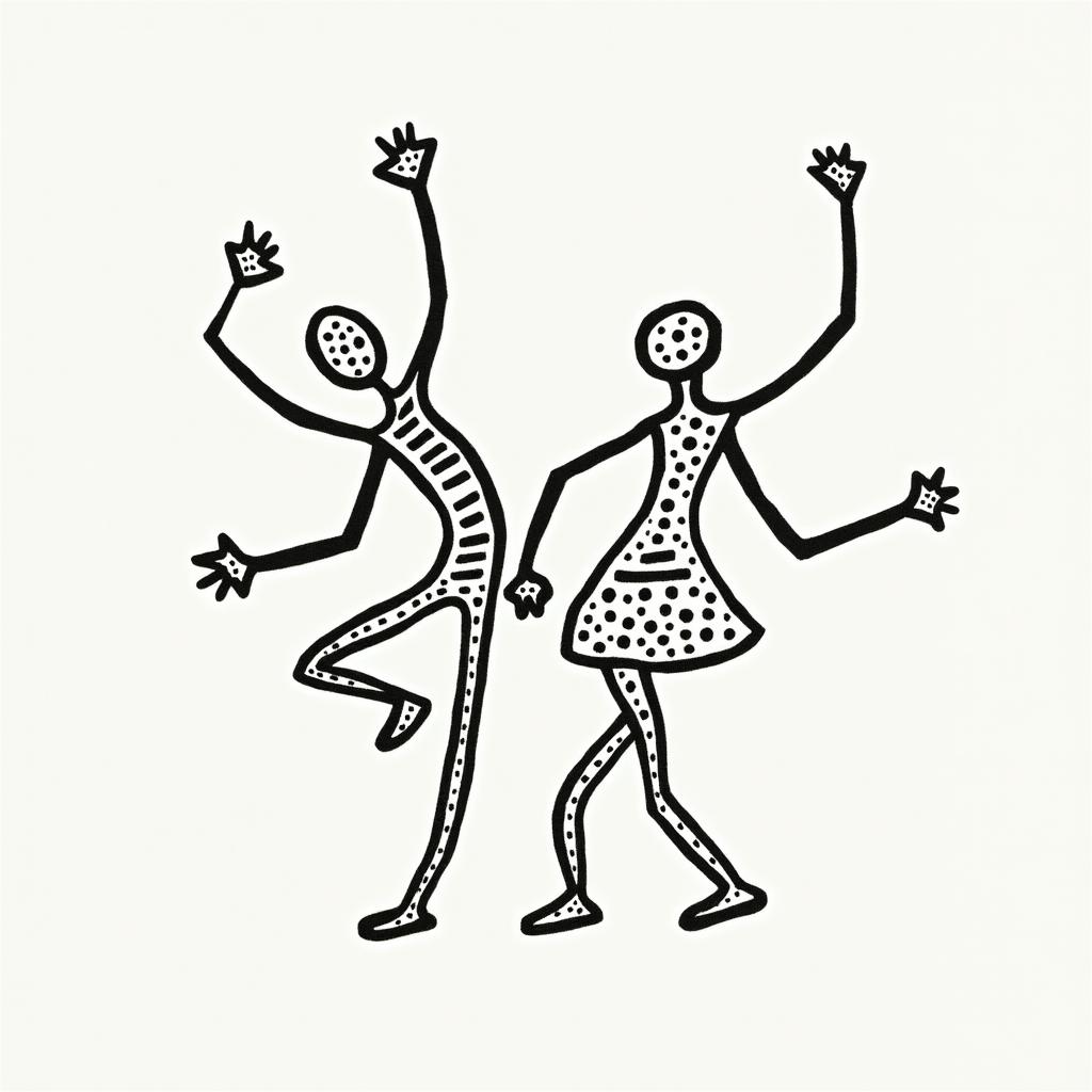 North Grandpa Role Model Family Cohesion Greek Greece 1968 Examili 1998 Sofiaabstract dancing figures in Keith Haring style, featuring bold black outlines and solid color fills, figures posed in dynamic and playful dance movements, minimalist design - Variation 4