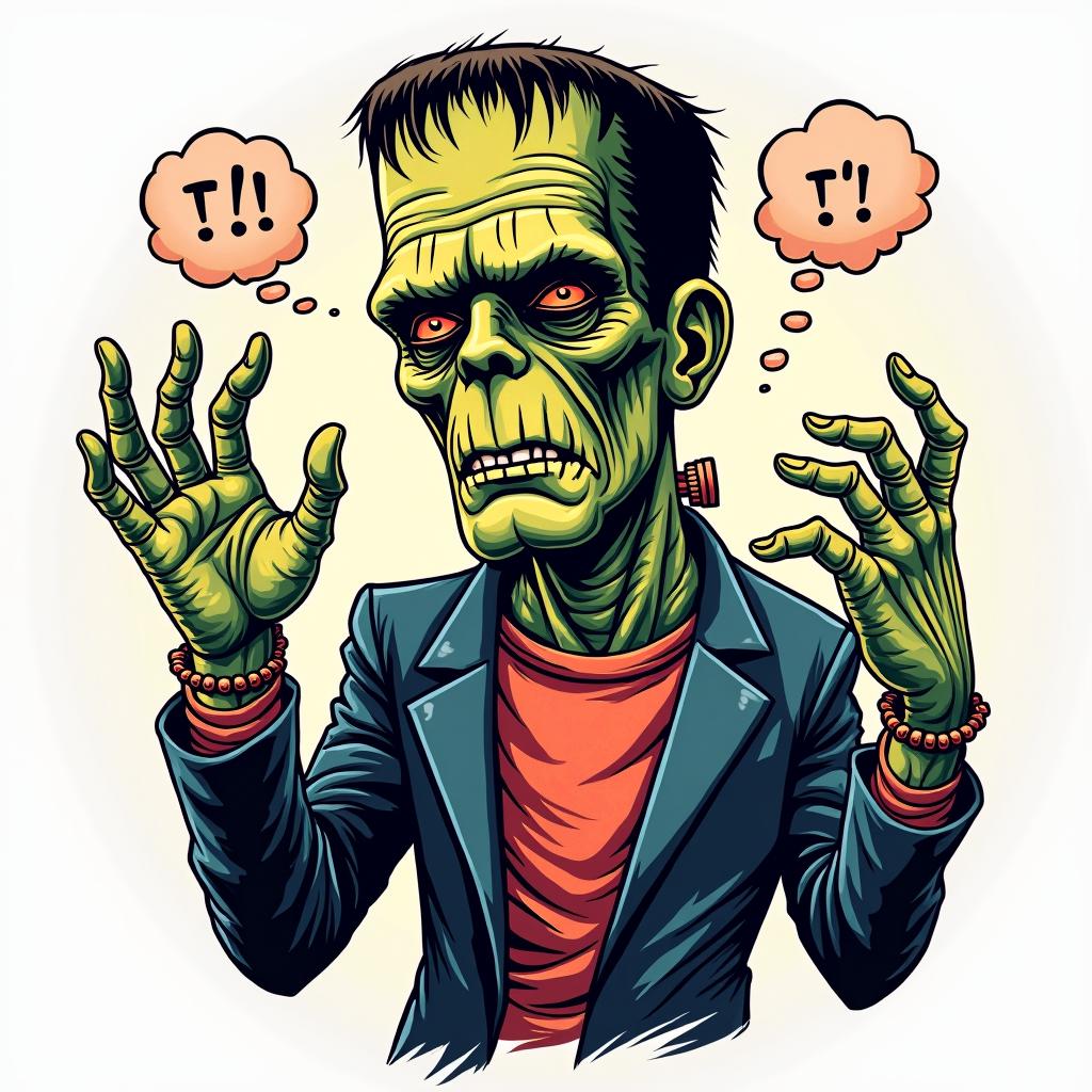 Frankenstein arcadein pop art style tattoo, featuring bold and vibrant colors, exaggerated outlines, iconic imagery, inspired by comic books and speech bubbles, comic book characters, retro pop culture - Variation 2