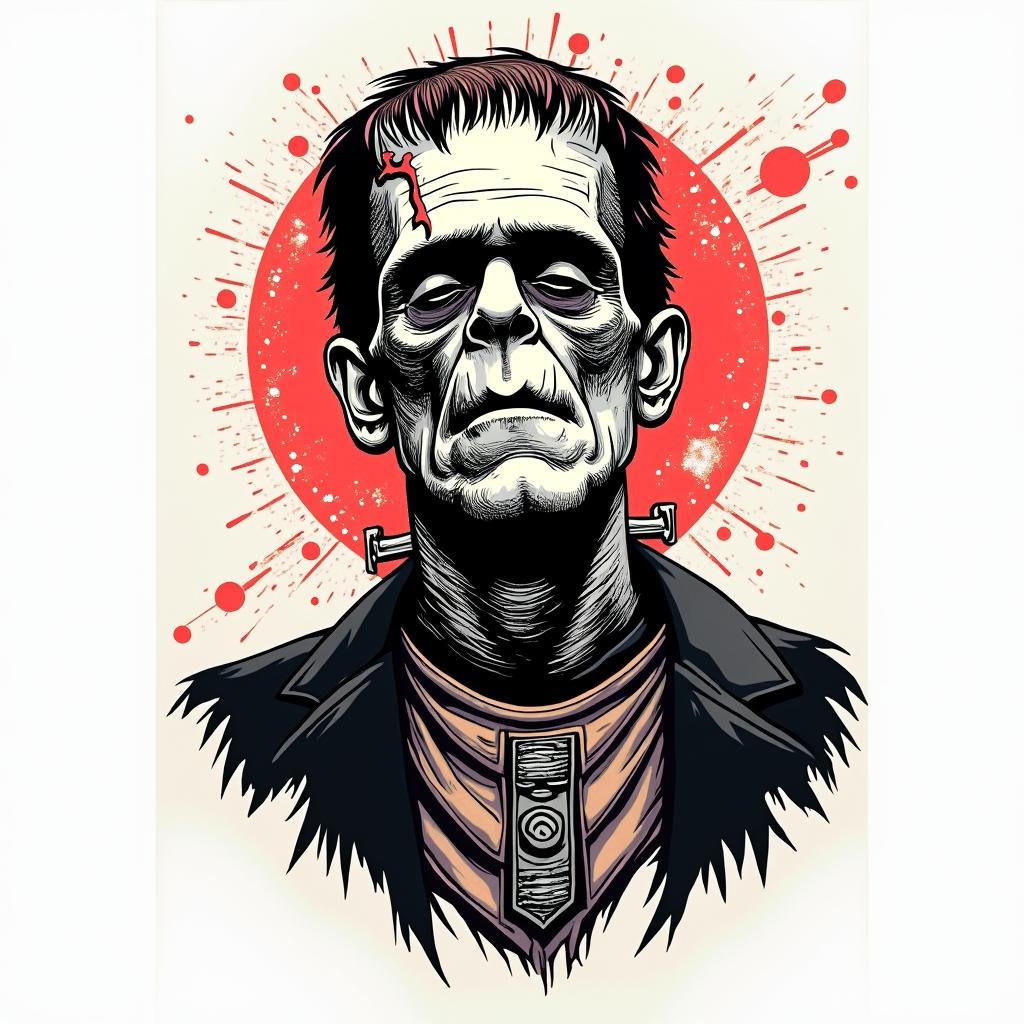 Frankenstein arcadein pop art style tattoo, featuring bold and vibrant colors, exaggerated outlines, iconic imagery, inspired by comic books and speech bubbles, comic book characters, retro pop culture - Variation 4
