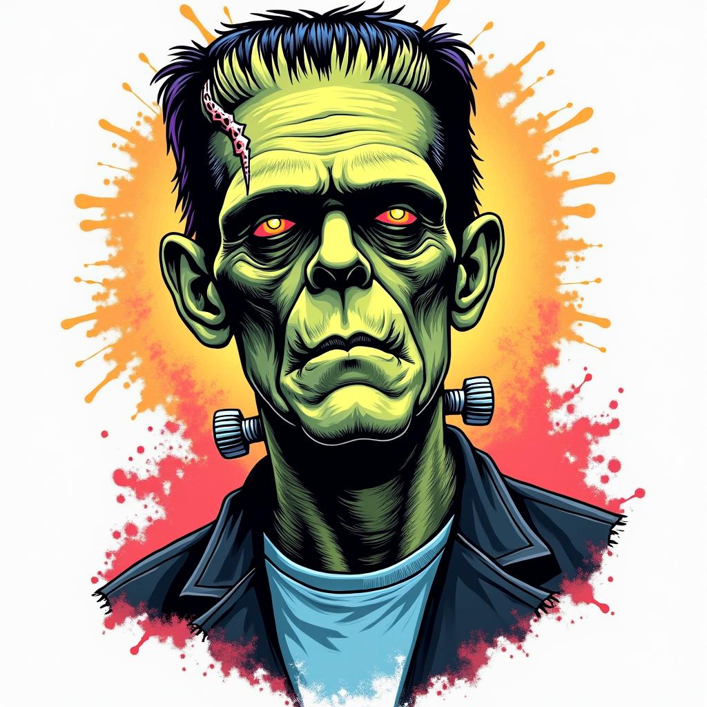 Frankenstein arcadein pop art style tattoo, featuring bold and vibrant colors, exaggerated outlines, iconic imagery, inspired by comic books and speech bubbles, comic book characters, retro pop culture - Variation 3