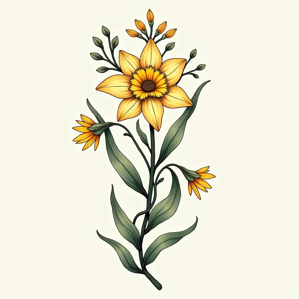 Flower tattoo design featuring daffodil at the center, surrounded by lily of the valley and larkspur, all intricately placed on a twisting vine.undefined