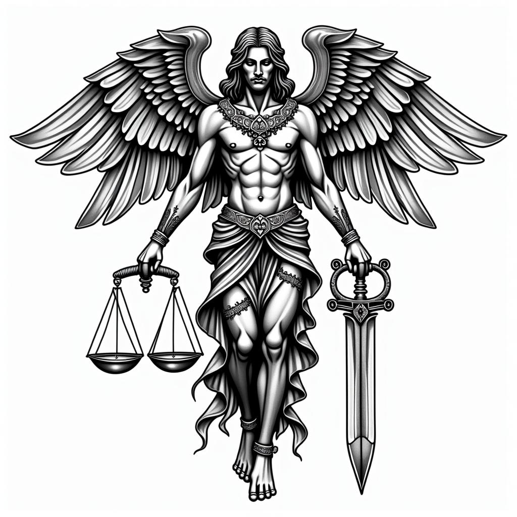 Archangel Saint Michael holds a sword and libra scale. And decorated with a rosaryin tribal tattoo style, featuring bold and black geometric shapes, curved lines, intertwine and flow seamlessly, creating a powerful and symbolic design, polynesian and maori styles