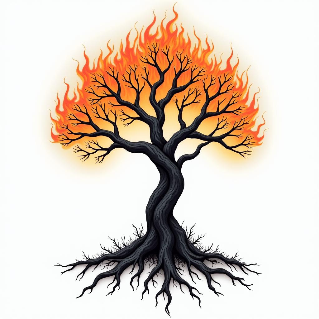 Tree of life with roots and branchesin flame tattoo style showcasing fiery elements with dynamic flame patterns, glowing effect of flames, natural colors - Variation 4