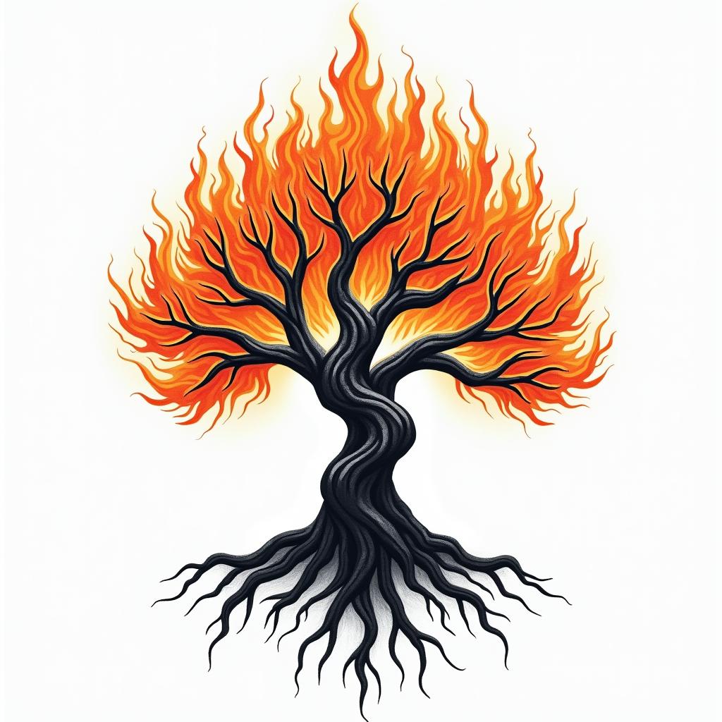 Tree of life with roots and branchesin flame tattoo style showcasing fiery elements with dynamic flame patterns, glowing effect of flames, natural colors - Variation 2