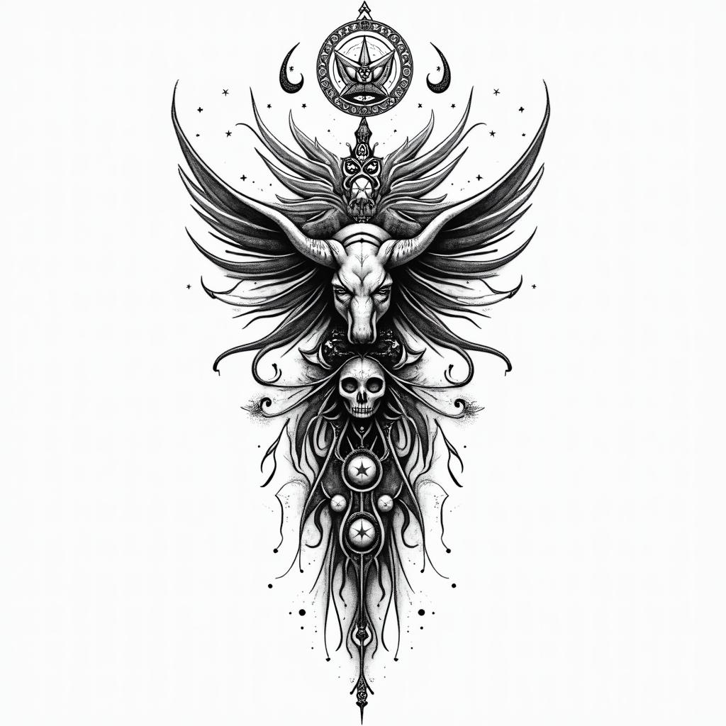 Matthew, TAURUS, Detroit, Buffaloin paganic style tattoo, featuring ancient symbols, add vegvisir symbol, mystical figures, incorporating designs, pentagrams, runes, crescent moons, - Variation 1