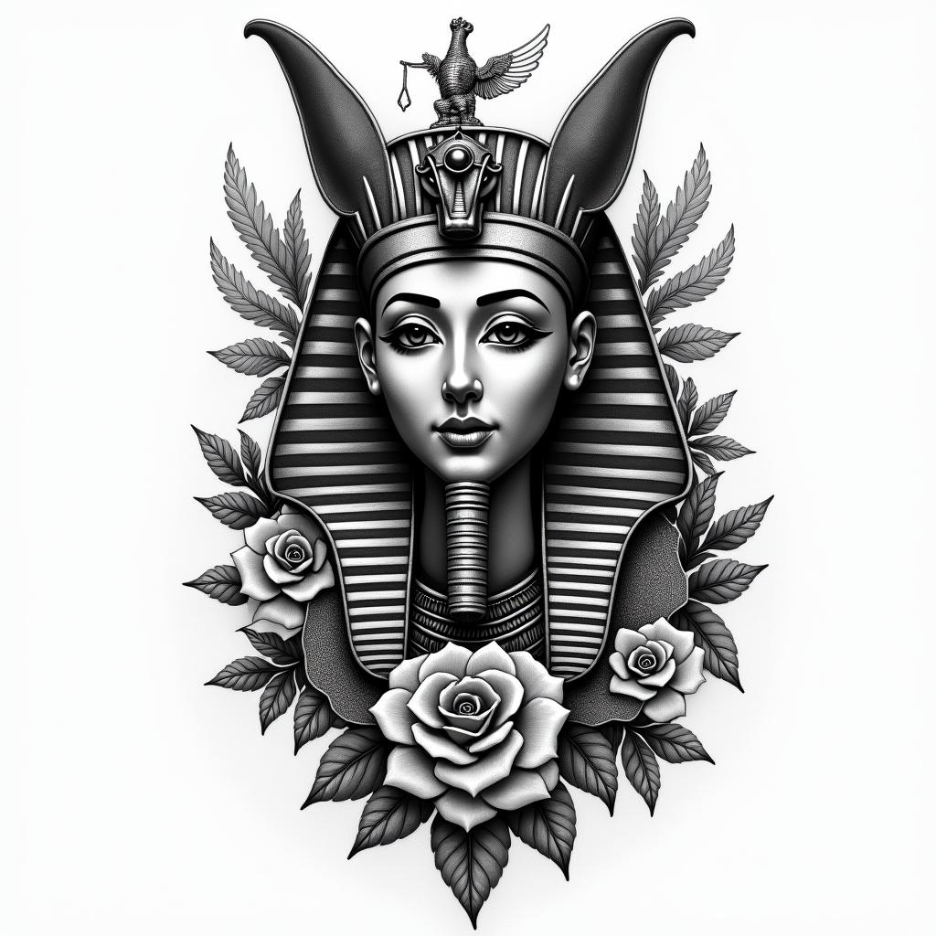 Uma coroa com rosas e espinhosin egyptian style tattoo, bold elements of ancient egyptian culture including a portrait of an Egyptian pharaoh with detailed facial features, in hieroglyphs and symbolic imagery, eye of horus, ankh symbol, scarab beetle