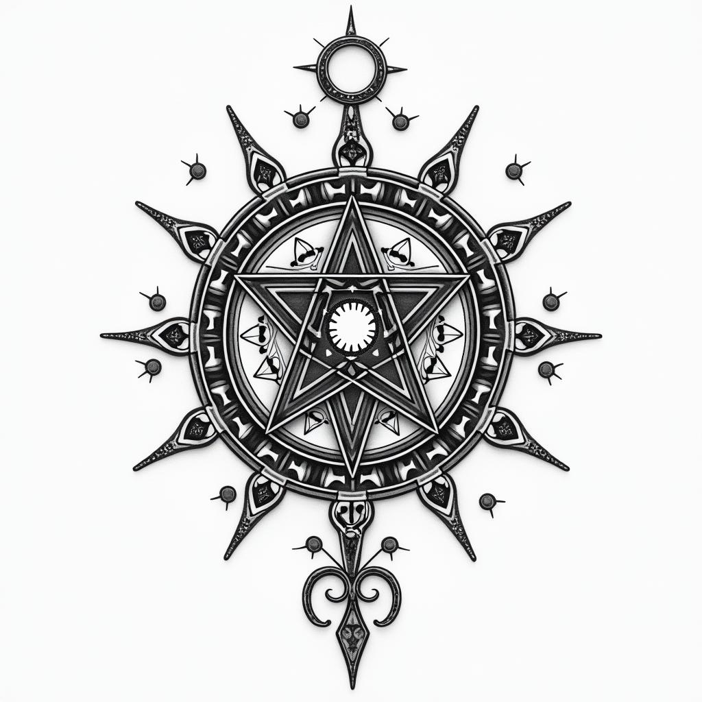 North Grandpa Role Model Family Cohesion Greek Greece 1968 Examili 1998 Sofiain paganic style tattoo, featuring ancient symbols, add vegvisir symbol, mystical figures, incorporating designs, pentagrams, runes, crescent moons, - Variation 4