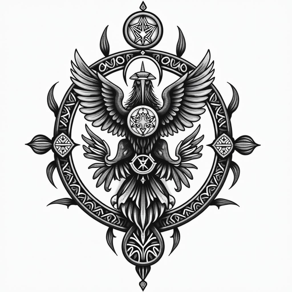 North Grandpa Role Model Family Cohesion Greek Greece 1968 Examili 1998 Sofiain paganic style tattoo, featuring ancient symbols, add vegvisir symbol, mystical figures, incorporating designs, pentagrams, runes, crescent moons, - Variation 2