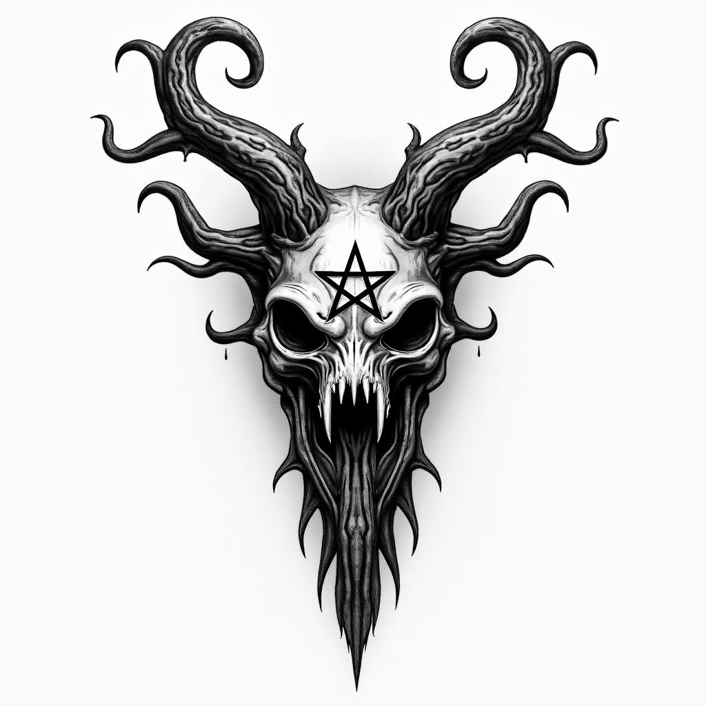 Yggdrasil With Jormungandrcreepy horror tattoo style, featuring an eerie and unsettling skull of a demonic creature, distorted face with sharp fangs, add pentagram symbol - Variation 1
