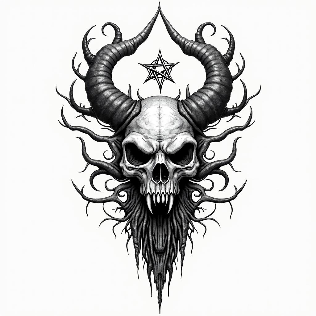 Yggdrasil With Jormungandrcreepy horror tattoo style, featuring an eerie and unsettling skull of a demonic creature, distorted face with sharp fangs, add pentagram symbol - Variation 4