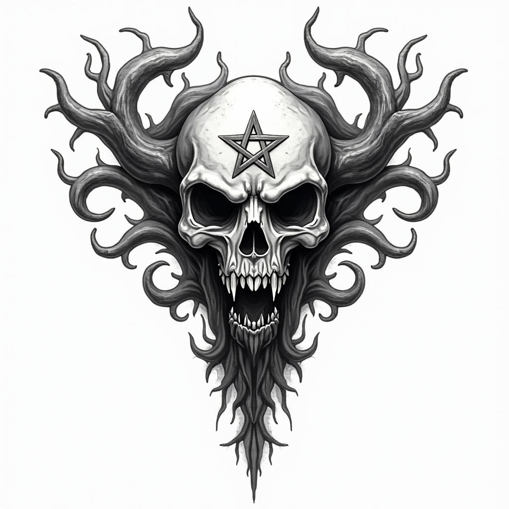 Yggdrasil With Jormungandrcreepy horror tattoo style, featuring an eerie and unsettling skull of a demonic creature, distorted face with sharp fangs, add pentagram symbol - Variation 3