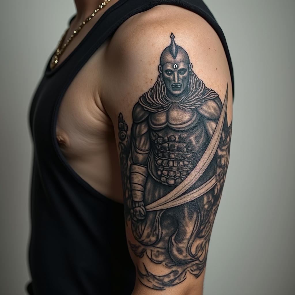 Warrior with swordin realism tattoo style, featuring a highly detailed, lifelike, capturing every detail, photorealistic, ultra realistic, intricate shading, smooth and sharp,   - Variation 3