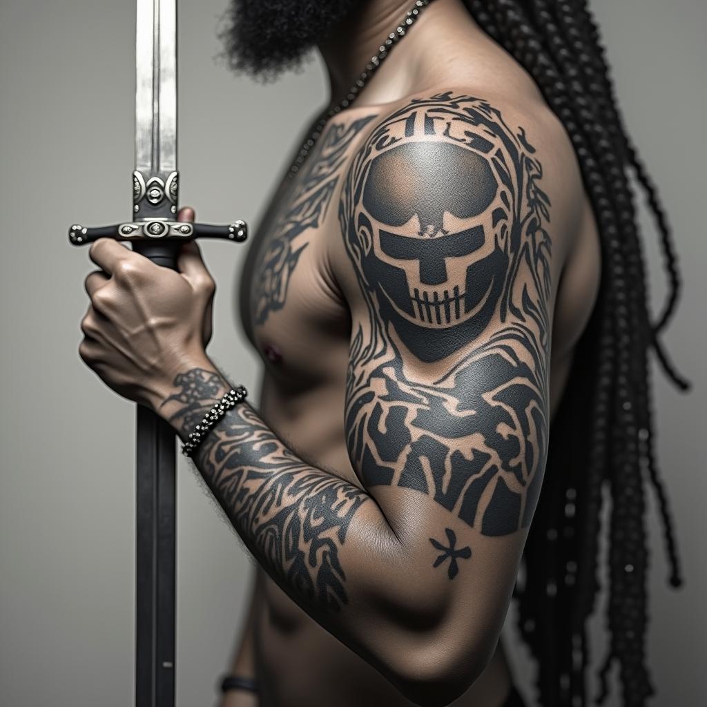 Warrior with swordin realism tattoo style, featuring a highly detailed, lifelike, capturing every detail, photorealistic, ultra realistic, intricate shading, smooth and sharp,   - Variation 4