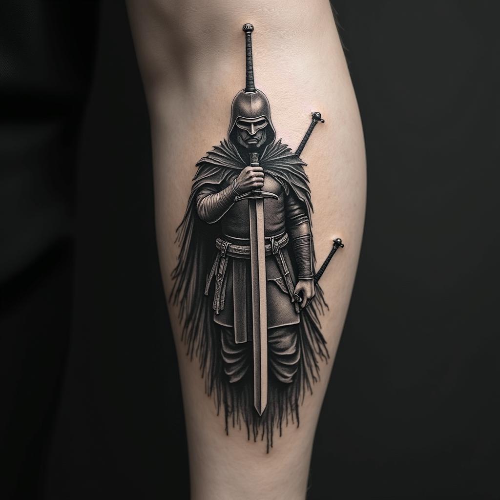 Warrior with swordin realism tattoo style, featuring a highly detailed, lifelike, capturing every detail, photorealistic, ultra realistic, intricate shading, smooth and sharp,  