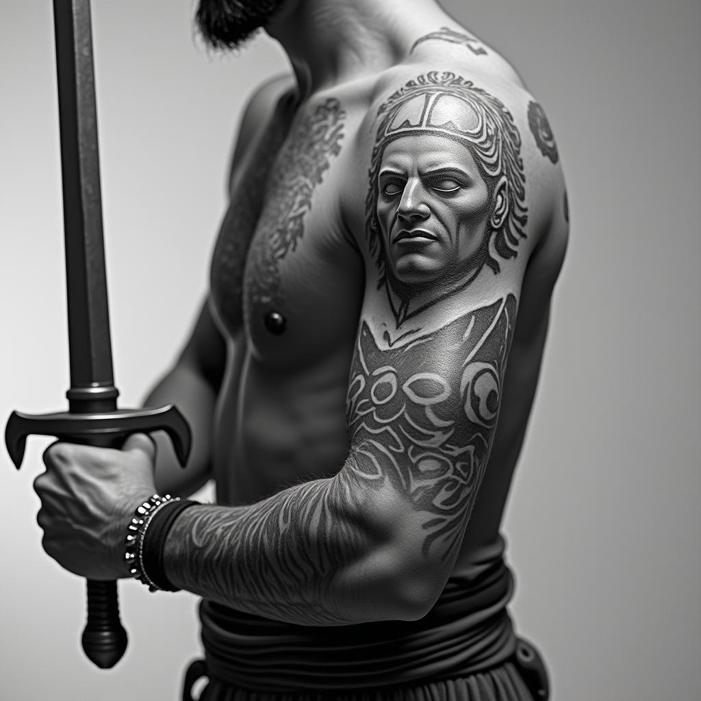 Warrior with swordin realism tattoo style, featuring a highly detailed, lifelike, capturing every detail, photorealistic, ultra realistic, intricate shading, smooth and sharp,   - Variation 2