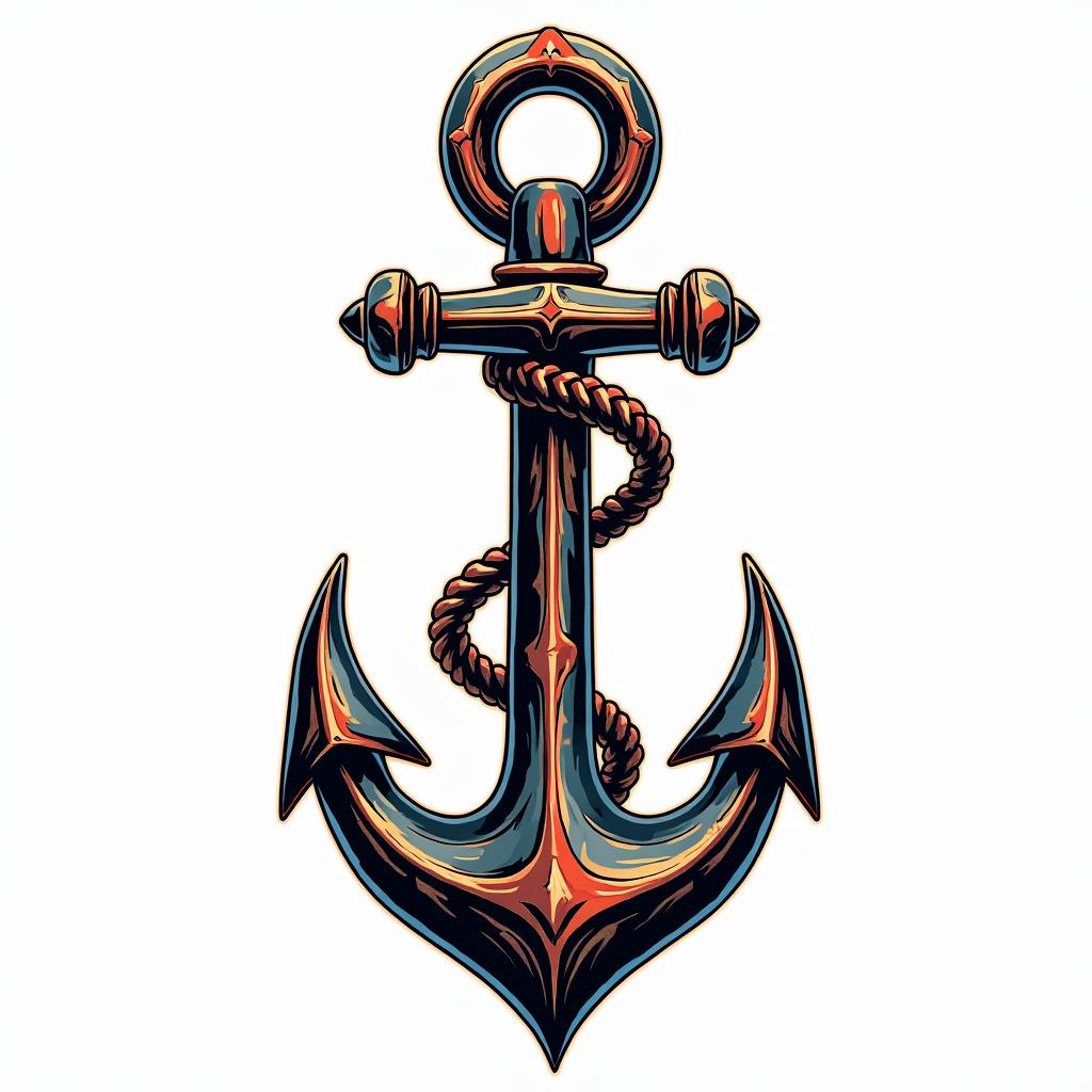 A ship's anchorin pop art style tattoo, featuring bold and vibrant colors, exaggerated outlines, iconic imagery, inspired by comic books and speech bubbles, comic book characters, retro pop culture - Variation 2