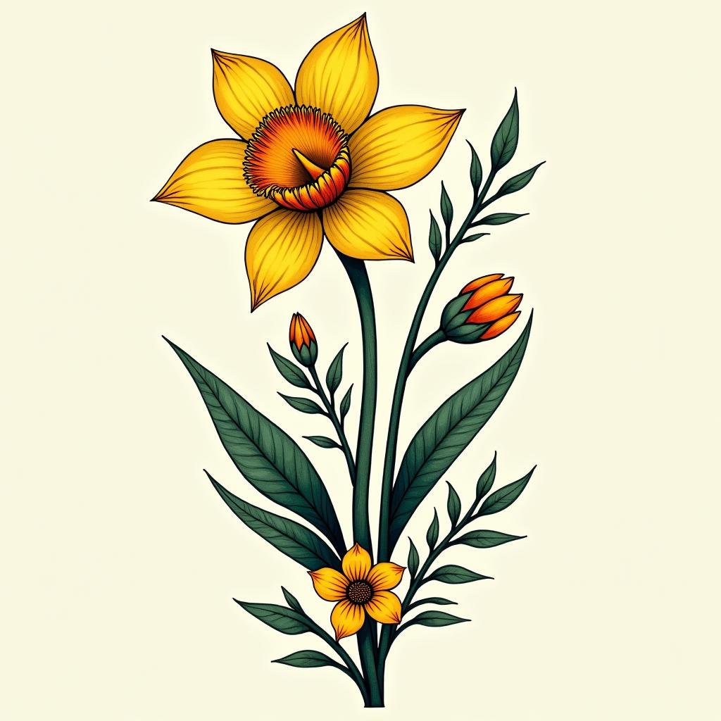 A vibrant tattoo design featuring a daffodil alongside ivy, depicting rebirth, and accented by delicate lily of the valley, vivid marigold, and lively larkspur flowers.undefined