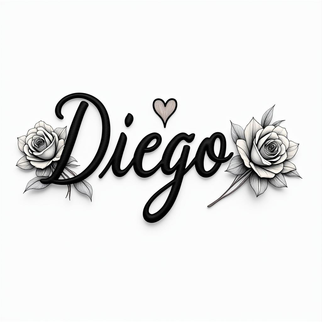Cursive hand tattoo with the name Diegoin elegant cursive calligraphy style 2d tattoo, decorate with roses, featuring a smooth and flowing handwritten script with slightly thickened strokes for a luxurious and bold appearance,  heart symbol between names,  sleek and glossy black text with shadowing, minimalist matte white background, clean and sharp edges, illuminated with soft lighting, romantic, 8k, high-quality textures with refined typography - Variation 4