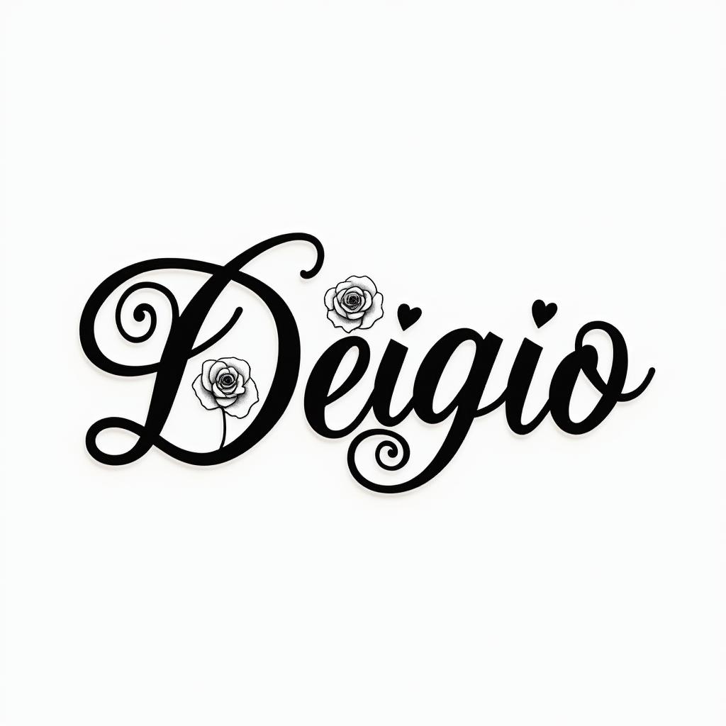 Cursive hand tattoo with the name Diegoin elegant cursive calligraphy style 2d tattoo, decorate with roses, featuring a smooth and flowing handwritten script with slightly thickened strokes for a luxurious and bold appearance,  heart symbol between names,  sleek and glossy black text with shadowing, minimalist matte white background, clean and sharp edges, illuminated with soft lighting, romantic, 8k, high-quality textures with refined typography - Variation 3
