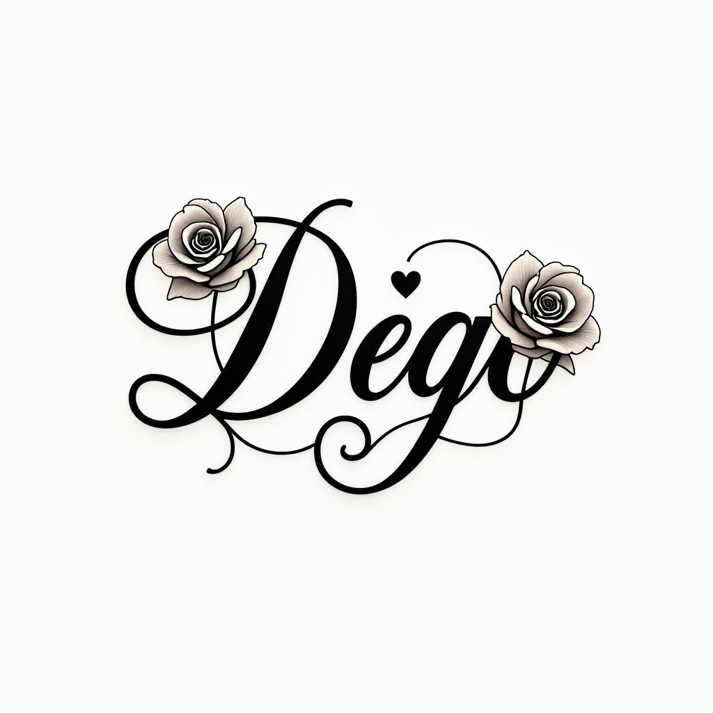 Cursive hand tattoo with the name Diegoin elegant cursive calligraphy style 2d tattoo, decorate with roses, featuring a smooth and flowing handwritten script with slightly thickened strokes for a luxurious and bold appearance,  heart symbol between names,  sleek and glossy black text with shadowing, minimalist matte white background, clean and sharp edges, illuminated with soft lighting, romantic, 8k, high-quality textures with refined typography
