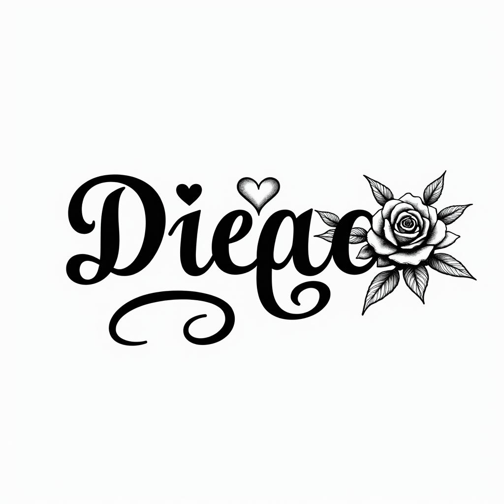 Cursive hand tattoo with the name Diegoin elegant cursive calligraphy style 2d tattoo, decorate with roses, featuring a smooth and flowing handwritten script with slightly thickened strokes for a luxurious and bold appearance,  heart symbol between names,  sleek and glossy black text with shadowing, minimalist matte white background, clean and sharp edges, illuminated with soft lighting, romantic, 8k, high-quality textures with refined typography - Variation 2