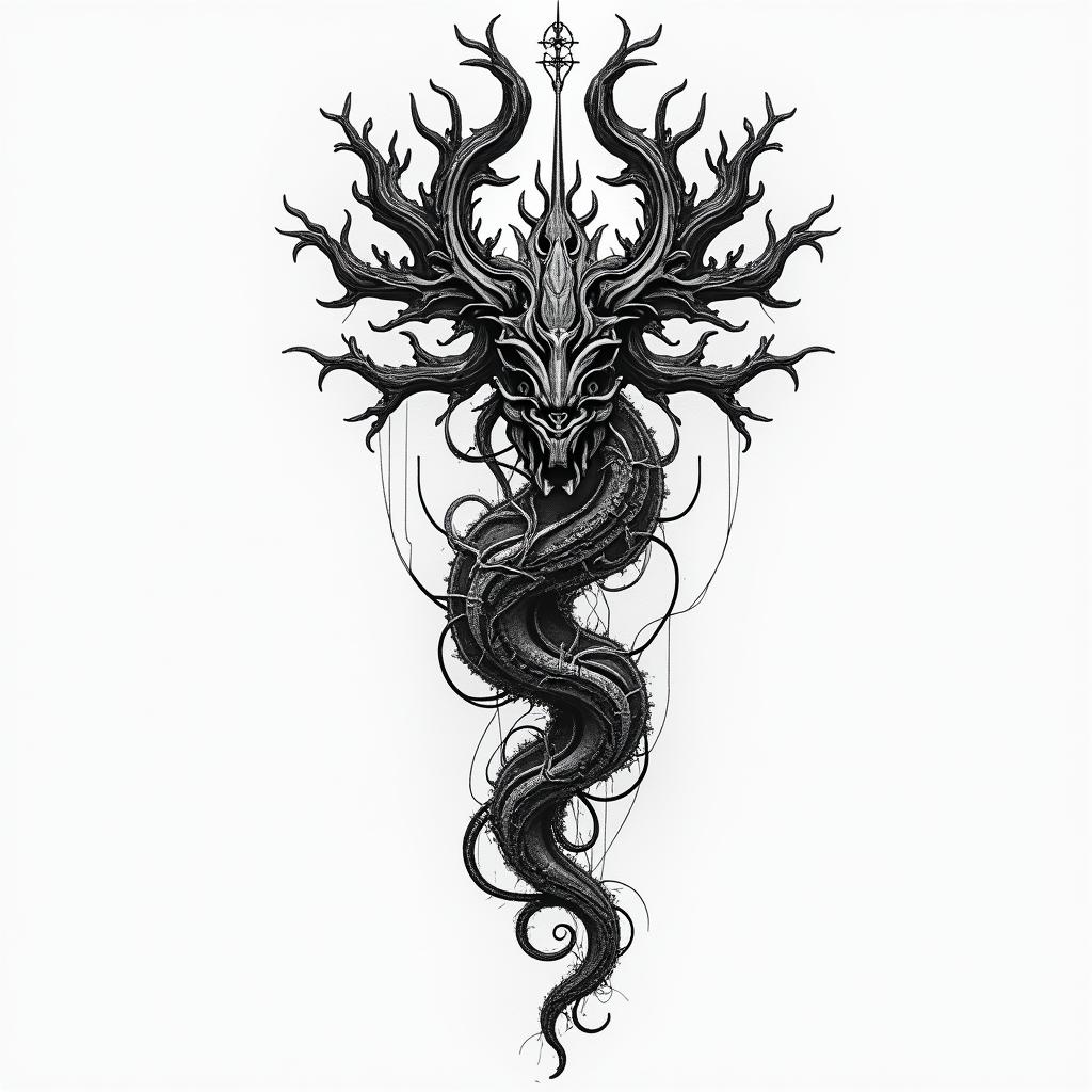 Yggdrasil With Jormungandrtattoo in biomechanic style, the tattoo covered by robotic elements of futuristic cyberpunk design, robotic features detail, showcasing intricate mechanical components - Variation 3