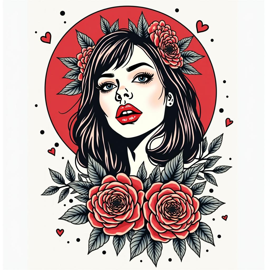 Amanda, Cancer, Chicagoin pop art style tattoo, featuring bold and vibrant colors, exaggerated outlines, iconic imagery, inspired by comic books and speech bubbles, comic book characters, retro pop culture